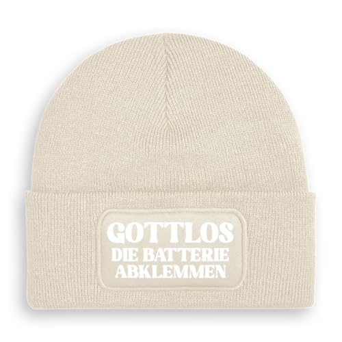 Prozente Momente Gottlos die Batterie abklemmen - Beanie | Strickmütze | Wollmütze | Beanie mit Druck | lustige Sprüche | Apres-Ski | Beige von Prozente Momente