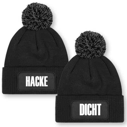 Prozente Momente Hacke/Dicht – 2er Set Beanie mit Bommel | Strickmütze | Wollmütze | Beanie mit Druck | lustige Sprüche | Apres-Ski | Winter | Schwarz von Prozente Momente