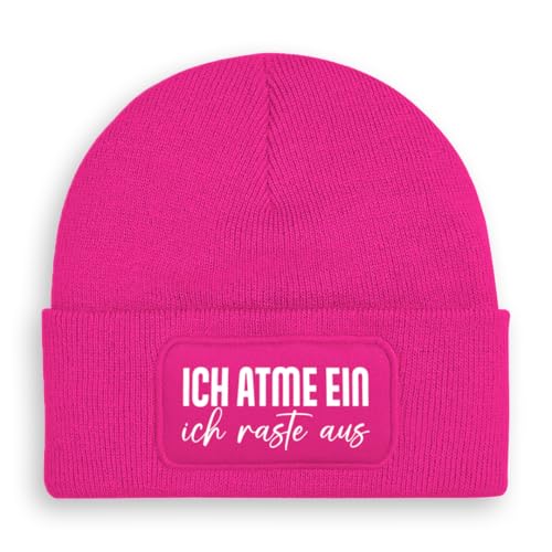 Prozente Momente Ich atme EIN ich raste aus - Beanie | Strickmütze | Wollmütze | Beanie mit Druck | lustige Sprüche | Apres-Ski | Winter | Pink von Prozente Momente