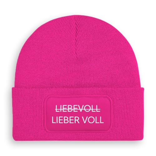 Prozente Momente Lieber voll/Liebevoll - Beanie | Strickmütze | Wollmütze | Beanie mit Druck | lustige Sprüche | Apres-Ski | Winter | Pink von Prozente Momente