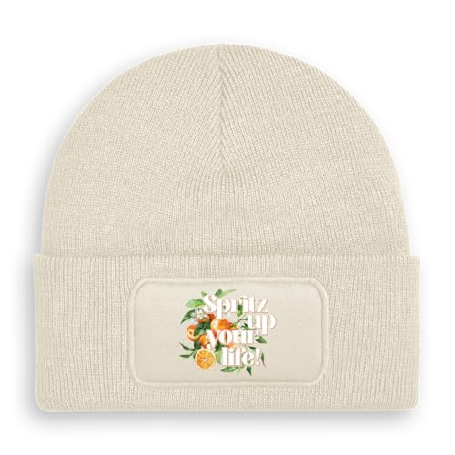 Prozente Momente Spritzing The Day Away - Beanie | Strickmütze | Wollmütze | Beanie mit Druck | lustige Sprüche | Apres-Ski | Winter | Beige von Prozente Momente