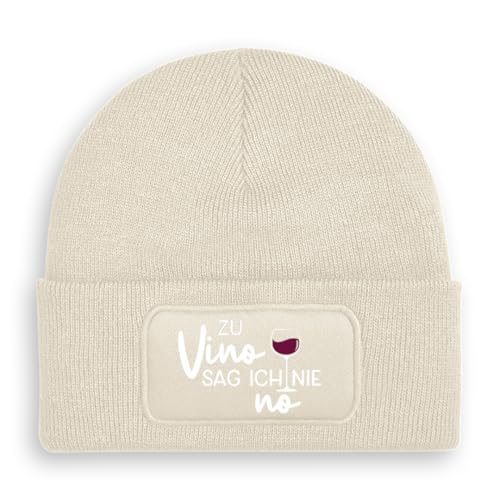 Prozente Momente Zu Vino sag ich nie no - Beanie | Strickmütze | Wollmütze | Beanie mit Druck | lustige Sprüche | Apres-Ski | Winter | Beige von Prozente Momente