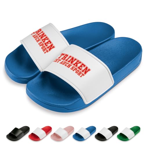 Trinken ist auch Sport Badelatschen | Slipper | Schlappen | Hausschuhe | Pantoletten | Unisex | Malle | JGA | Geschenkidee | rutschfest | Blau | Größe 39 von Prozente Momente