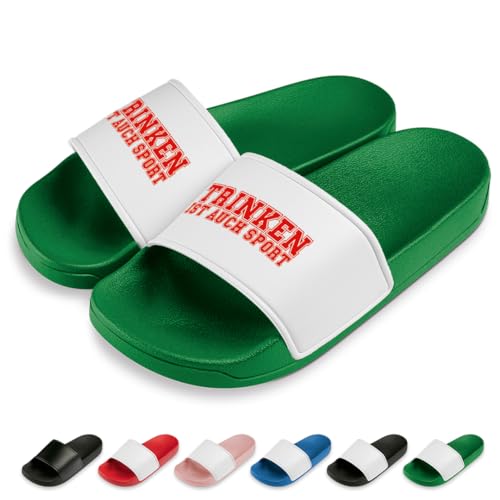 Trinken ist auch Sport Badelatschen | Slipper | Schlappen | Hausschuhe | Pantoletten | Unisex | Malle | JGA | Geschenkidee | rutschfest | Grün | Größe 38 von Prozente Momente