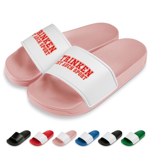 Trinken ist auch Sport Badelatschen | Slipper | Schlappen | Hausschuhe | Pantoletten | Unisex | Malle | JGA | Geschenkidee | rutschfest | Rosa | Größe 39 von Prozente Momente