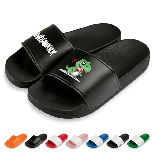 Vinsosaurier Badelatschen | Slipper | Schlappen | Hausschuhe | Pantoletten | Unisex | Malle | Dino Latschen | rutschfest | Schwarz | Größe 42 von Prozente Momente
