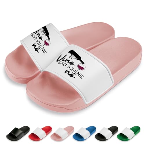Zu Vino sag ich nie no Badelatschen | Slipper | Schlappen | Hausschuhe | Pantoletten | Unisex | Malle | JGA | Geschenkidee | rutschfest | Rosa | Größe 43 von Prozente Momente