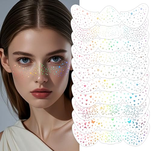 Prreal 10PCS Holographic Glitter Freckles Face Tattoo, Sparkle Freckles Sticker,Glow Up Matellic Temporary Tattoos Waterproof,For Women Girls Carnival Parties Festival Makeup von Prreal