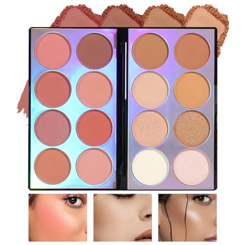 Prreal 16 Colors Contour & Highlight & Blush Palette, Multifunctional 3-in-1 Makeup with Contour Blush & Bronzer Pressed Powder Makeup Palette, Natural Smudge-proof Face Eyeshadow Cosmetics von Prreal