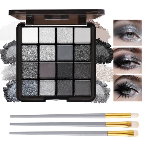 Prreal 16 Colours Smokey Eyeshadow Palette,Silver Black Eyeshadow Matte Glitter,Highly Pigmented Smoky Eye Shadow with Brushes,Halloween Gothic Makeup von Prreal