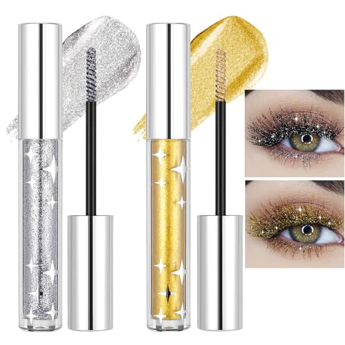 Prreal 2 Colors Glitter Mascara Set, Long Lasting Glitter Lash Mascara, Coloured Mascara Waterproof, Diamond Sparkling Eye Make-Up, Silver Gold Mascara von Prreal