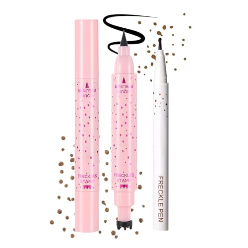 Prreal 2 in 1 Eyeliner Freckle Pen, 2PCS Freckle Stamp and Black Liquid Eyeliner, Natural Lifelike Freckles Makeup, Soft Dot Pen Magic Fake Freckles Waterproof Longlasting, Medium Brown von Prreal