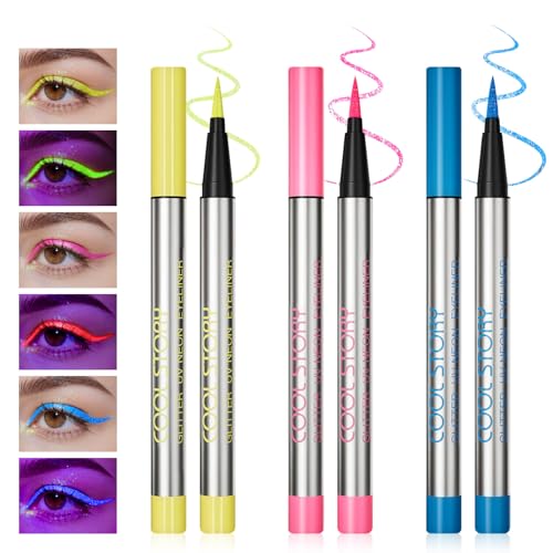 Prreal 2 in 1 Glitter UV Neon Eyeliner Set,3PCS Shimmer Liquid Eyeliner Glow in the Dark and Sparkling in Sunshine,High Pigment,Party Carnival Festival Makeup,SET-A von Prreal