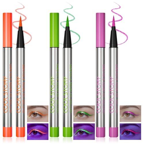 Prreal 2 in 1 Glitter UV Neon Eyeliner Set,3PCS Shimmer Liquid Eyeliner Glow in the Dark and Sparkling in Sunshine,High Pigment,Party Carnival Festival Makeup,SET-B von Prreal