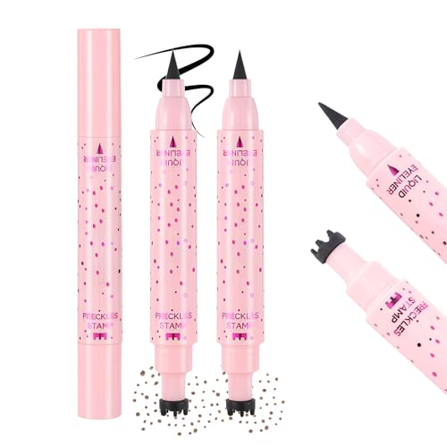 Prreal 2PCS Eyeliner Freckle Pen, 2 in 1 Dark Brown Freckle Stamp and Black Liquid Eyeliner, Waterproof, Natural Lifelike Freckles Makeup, Soft Sopt Pen Magic Fake Freckles, 03+03 Dark Brown von Prreal