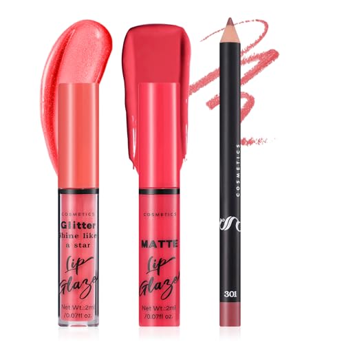 Prreal 3Pcs Lip Combo Set,Matte Liquid Lipstick+Glitter Lip Glaze + Lip Liner Set,High Pigmented, Long Wear,Velvet Lip Stain,Moisturizing Lip Gloss and Long Wear Lip Liner Makeup Set for Women(01) von Prreal