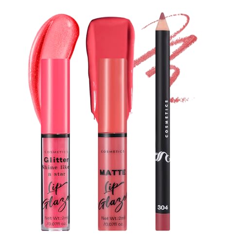 Prreal 3Pcs Lip Combo Set,Matte Liquid Lipstick+Glitter Lip Glaze + Lip Liner Set,High Pigmented, Long Wear,Velvet Lip Stain,Moisturizing Lip Gloss and Long Wear Lip Liner Makeup Set for Women(05) von Prreal