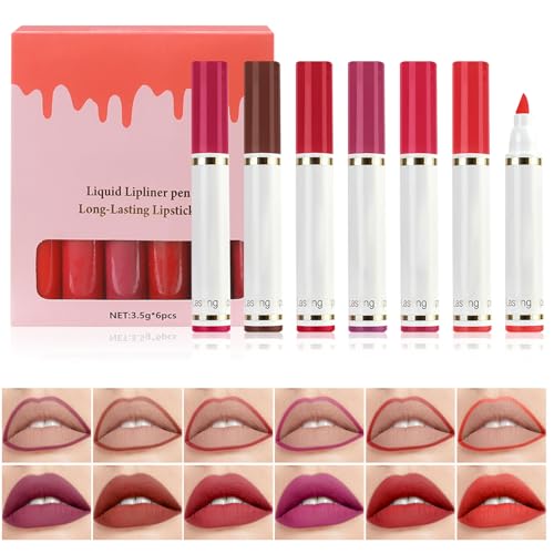 Prreal 6 Colors Lip Stain Marker Liner Pen Set, Matte Lip Tint LipLiner Marker Pencil Kit, Highly Pigmented Liquid Lipstick Long Lasting Keep For 24 Hours Non-sticky Women Makeup von Prreal