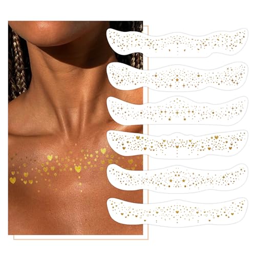 Prreal Body Glitter Temporary Tattoos, 6PCS Fake Tattoos Sparkle Body Makeup Patches, Waterproof Clavicle Gold Tattoo Makeup, Beaches, Party, Concerts,Rave Outfits for Women von Prreal