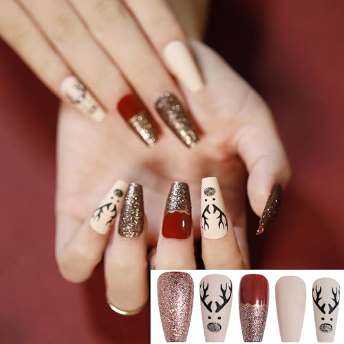 Prreal Christmas Press On Nails, Long False Nails, Snow Deer Christmas Tree Fake Nails, Full Cover Nail Art Stick-On Nails with Nail Glue, Festival Nail Gift for Women Girl, C02 von Prreal