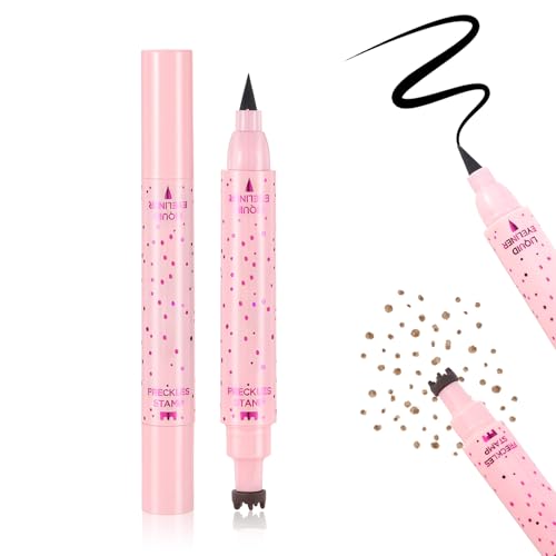 Prreal Eyeliner Freckle Pen, 2 in 1 Light Brown Freckle Stamp and Black Liquid Eyeliner, Waterproof, Natural Lifelike Freckles Makeup, Soft Sopt Pen Magic Fake Freckles, 01 von Prreal