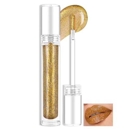 Prreal Glitter Lip Gloss, Shimmer Lip Plumper Gloss, Holographic Glitter Liquid Lipstick, Diamond Pearl Shine Lip Glaze, Non-Sticky Long Lasting Chameleon Laser Lip Eyeshadow Makeup(05 Golden) von Prreal