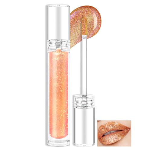 Prreal Glitter Lip Gloss, Shimmer Lip Plumper Gloss, Holographic Glitter Liquid Lipstick, Diamond Pearl Shine Lip Glaze, Non-Sticky Long Lasting Chameleon Laser Lip Eyeshadow Makeup(10 Light Golden) von Prreal