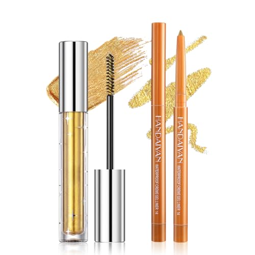 Prreal Gold Glitter Mascara & Eyeliner Set, Quick-dry Metallic Mascara Diamond Shimmer for Eyelashes, Eyeliner Waterproof, Long Lasting Curling Volumizing Eye Makeup for Party Festival von Prreal