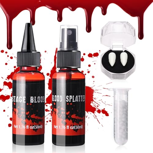Prreal Halloween Blood Vampire Teeth Set,4Pcs Halloween Makeup Set of Fake Blood Spray,Dripping Artificial Blood,Vampire Teeth with Pellets Glue.Realistic,Washable and Safe for Halloween,Vampire,01 von Prreal