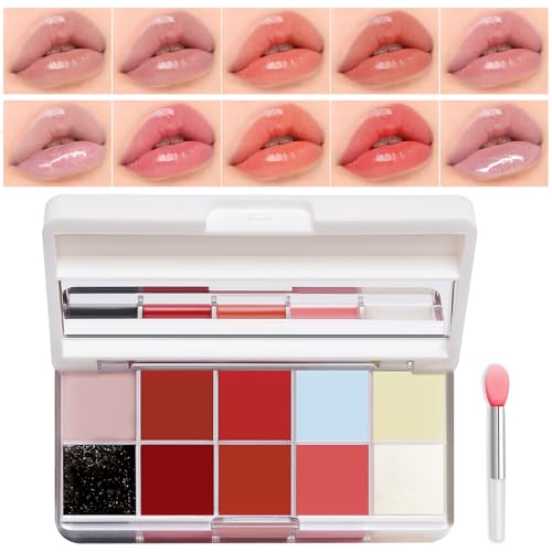 Prreal Lip Gloss Palette,10 Colors Glossy Lipstick Palette with Silicone Brush,Long Lasting Lip Tint Moisturizing Non Sticky Jelly Watery Lip Makeup,#01 von Prreal