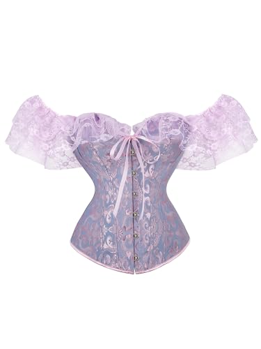 Damen Prinzessin Renaissance Korsett Top Spitze geraffte Ärmel Elegant Überbrust Bustier Top (Lila 2, S), Violett 2, 36 von Prreey