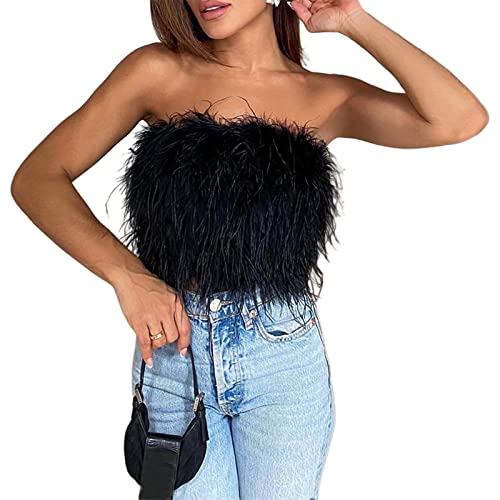 Prreey Frauen Kunstpelz Feder Weste, Sexy Ärmellos Einfarbig Trägerlos Flauschig Rückenfrei Slim Fit Crop Tube Tops, Schwarz , Small von Prreey