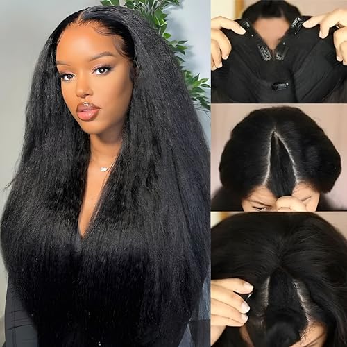 Prtyopp V-Teil Echthaar-Perücke, lockig, glatt, V-Teil, verbesserte U-Teil-Perücke, Yaki, gerade Perücke mit Clip in der Mitte für schwarze Frauen, ca Prtyopp V-Teil Echthaar-Perücke, lockig, glatt, V-Teil, verbesserte U-Teil-Perücke, Yaki, gerade Perücke mit Clip in der Mitte für schwarze Frauen, ca von Prtyopp