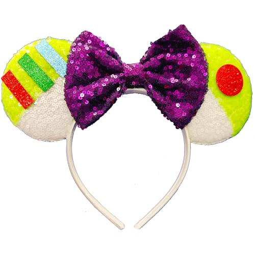 Prunend Mausohren Stirnband – Pailletten Grün Raumschiff Maus Ohren mit glänzender Schleife für Mädchen Erwachsene Weltraum Alien Cosplay Party Dekorationen Haarschmuck von Prunend