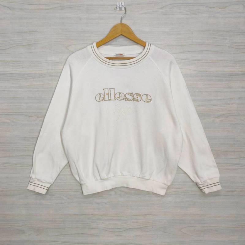 90Er Jahre Ellesse Sweatshirt Vintage Sweater Pullover Italia Perugia Stickerei Weiß Creme Damen Gr. L von PsVintageStore