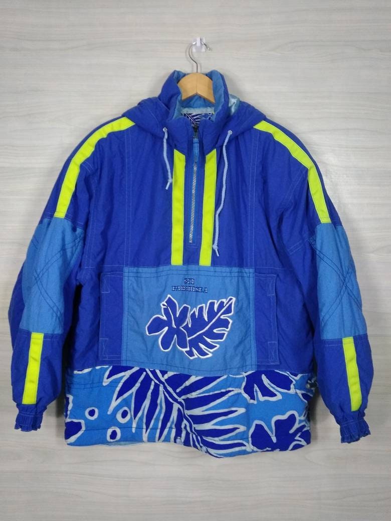 Sci Paradise Hoodie Jacke By Goldwin Vintage 90Er Jahre Sci Half Zip Winter Skiwear Abstrakt Blumen Print Stickerei Gr. 0 von PsVintageStore