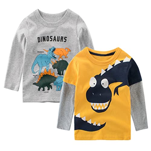 Psafagsa 2er Pack Jungen Langarmshirt Dinosaurier Longsleeve Tshirt Kinder Baumwolle Rundhals Tops Oberteil kinderkleidung Gelb 2-3 Jahre. von Psafagsa