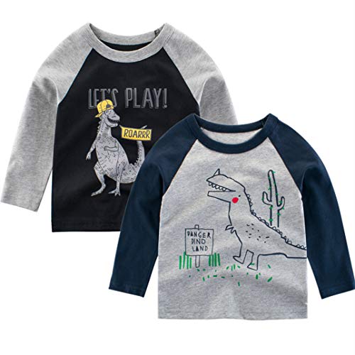 Psafagsa 2er Pack Jungen Langarmshirt Dinosaurier Longsleeve Tshirt Kinder Baumwolle Rundhals Tops Oberteil kinderkleidung schwarz 1-2 Jahre. von Psafagsa