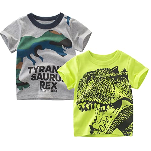 Psafagsa 2er Pack Jungen T-Shirts Dinosaurier T-Shirt Kinder Baumwolle Rundhals Tops Oberteil kinderkleidung Grün 3-4 Jahre von Psafagsa