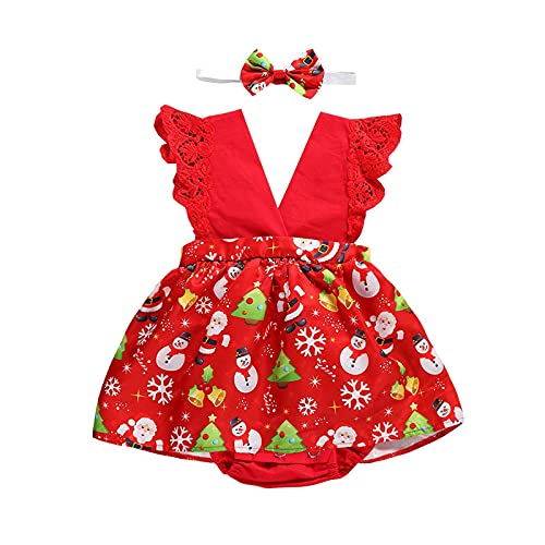 Psafagsa Baby Mädchen Weihnachtskleid Neugeborenes Weihnachts Kleid Strampler Ärmellos Kleider mit Stirnband Weihnachtsoutfit Rot 3-6 Monate von Psafagsa