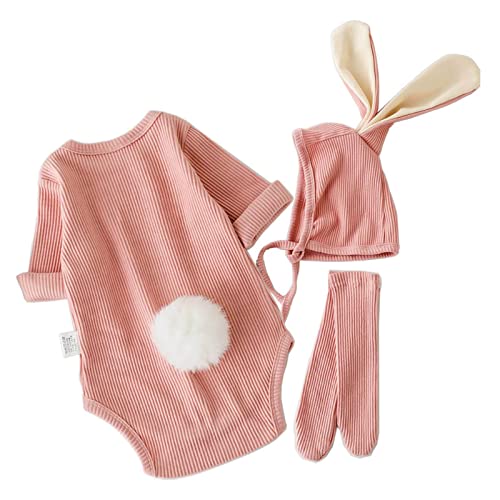 Psafagsa Babykleidung Oster outfit für Neugeborene Jungen und Mädchen Bodysuit mit Schwanz Strampler mit Hasenohren Hut und Socken Rosa 3-6 Monate von Psafagsa