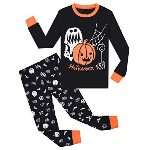 Psafagsa Junge Halloween Schlafanzug Kinder Kürbis-Druck Im dunklen leuchten Pyjama Mädchen Nachtwäsche Zweiteiliger Outfits Bekleidungsset 5-6 Jahre von Psafagsa