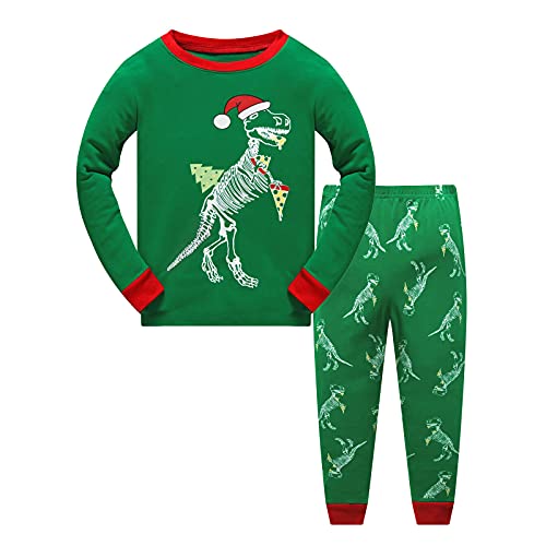 Psafagsa Junge Weihnachts Pyjama Schlafanzug Kinder Mädchen Weihnachtspyjama Langarm Dinosaurier Sweatshirt + Hose 2 Stück Bekleidungsseteidung Weihnachtsoutfit Grün 2-3 Jahre von Psafagsa