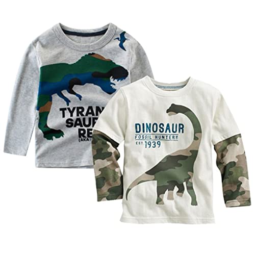 Psafagsa 2er Pack Jungen Langarmshirt Dinosaurier Longsleeve Tshirt Kinder Baumwolle Rundhals Tops Oberteil kinderkleidung Weiss 1-2 Jahre. von Psafagsa