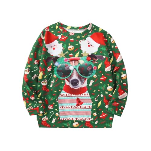 Psafagsa Jungen Mädchen Laid Weihnachten Sweatshirt 3D Neuheit Pullover Weihnachten Lustig Pullover Weihnachten Langarm Rundhals Hemd, Grüner Hund, 6-7 Jahre von Psafagsa