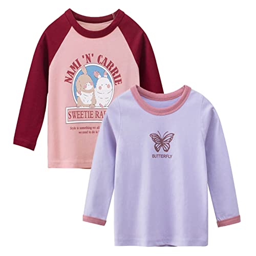 Psafagsa Mädchen Langarmshirt Kinder Baumwolle Longsleeve Shirt mit niedlichem Druck 2-teiliges Set Rundhals Tops Lila und Rot 7-8 Jahre von Psafagsa