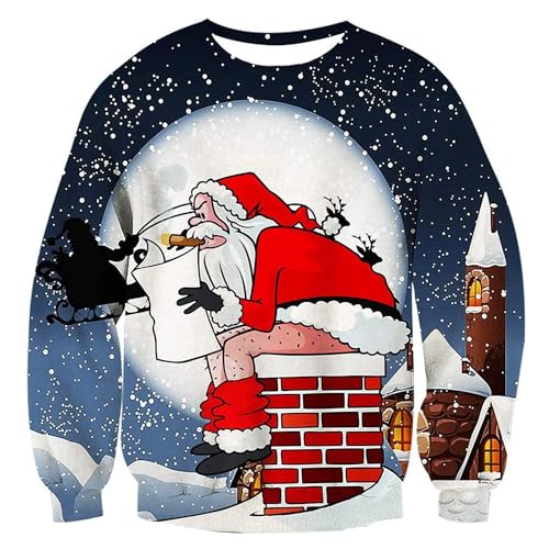 Psafagsa Unisex Weihnachten Sweatshirt Weihnachtspullover für Frauen Langarm 3D Weihnachten Pullover Crewneck Nette Grafik Sweatshirts Tops (Mann Blau, S) von Psafagsa