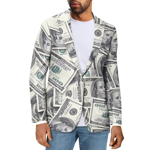 Psaytomey Blazer für Männer Ein-Knopf gekerbtes Revers Anzug Jacke Casual Business Jacken Sport Mäntel Slim Fit Plus Size Blazer, Geld Dollar, XX-Large von Psaytomey