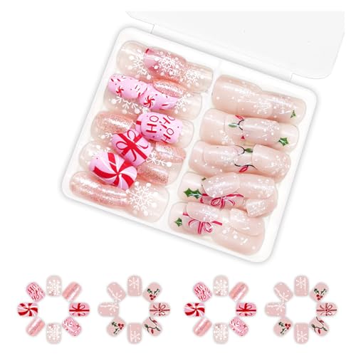 24 Pcs Kurzquadratische Weihnachtspresse Nägeln Schneeflocken Französische Spitze Falsche Nägel Kleben Auf Nägel Dekoration Für Partys Weihnachtsnägel Für Frauen von Psdndeww
