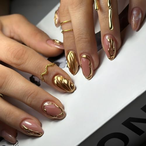 24PCS Kurzmandelgold False Nägel Mit Stilvollen Designs Einfach Zu Verbringen Um Künstliche Nägel Für Frauen Und Mädchen Modisch Falsch Zu Bedecken von Psdndeww